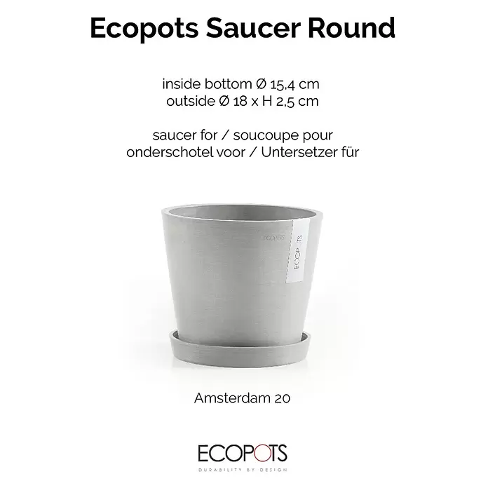 Ecopots Amsterdam Blumentopf-Untersetzer - Außenmaß (Ø x H): 18 x 2,5 cm, Kunststoff, Weiß Grau - Eine hellgraue, runde Ecopots Untertasse für Pflanzen, mit passendem Blumentopf.