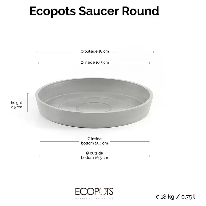 Ecopots Amsterdam Blumentopf-Untersetzer - Außenmaß (Ø x H): 18 x 2,5 cm, Kunststoff, Weiß Grau - Hellgrauer runder Ecopots Untersetzer mit Maßangaben.
