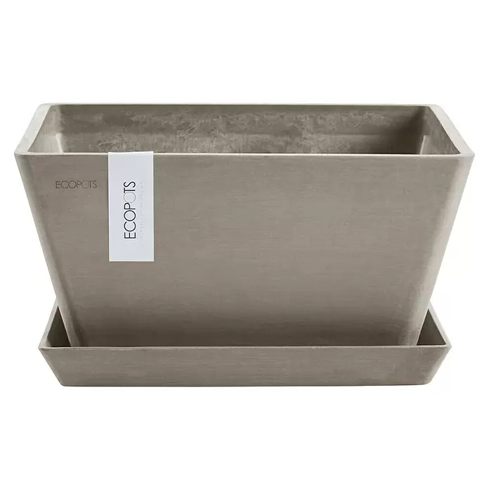 Ecopots Berlin Pflanzschale eckig - Außenmaß (L x B x H): 41 x 41 x 18 cm, Kunststoff, Braungrau - Hellgrauer quadratischer Blumentopf mit passendem Untersetzer und ECOPOTS Etikett.