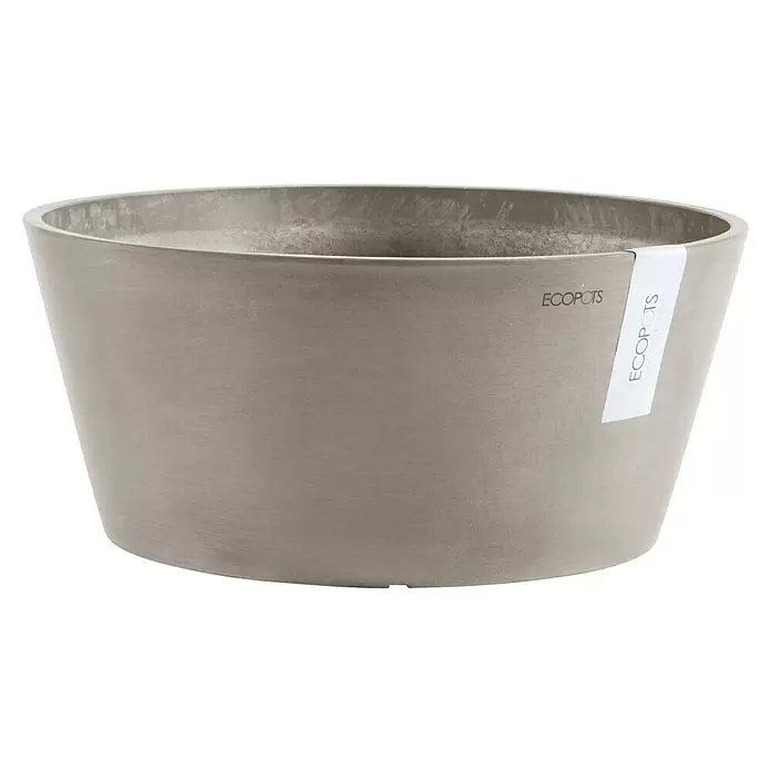 Ecopots Pflanzschale rund Frankfurt - Außenmaß (Ø x H): 41 x 17,8 cm, Kunststoff, Braungrau - Runder, grauer, sich verjüngender Pflanztopf in Betonoptik mit ECOPOTS Etikett.