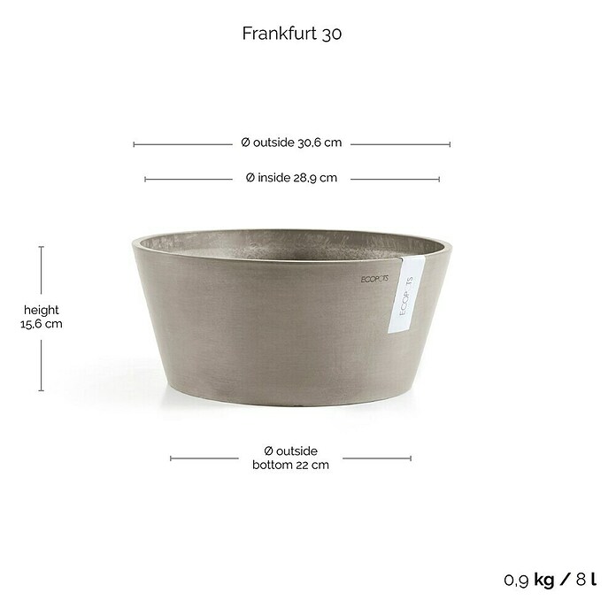 Ecopots Pflanzschale rund Frankfurt (Außenmaß (Ø x H): 30,5 x 15 cm, Kunststoff, Braungrau) | BAUHAUS