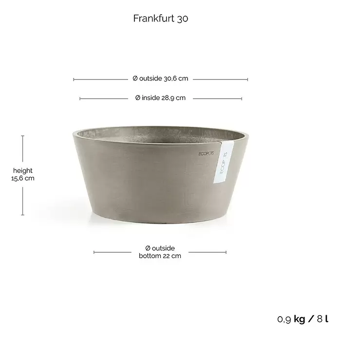 Ecopots Pflanzschale rund Frankfurt - Außenmaß (Ø x H): 30,6 x 15,6 cm, Kunststoff, Braungrau - Grauer, runder ECOPOTS Frankfurt 30 Pflanztopf.