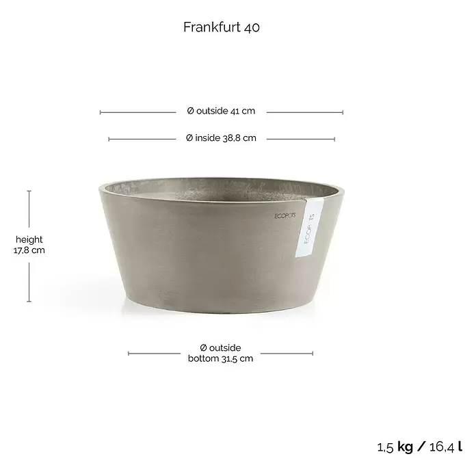 Ecopots Pflanzschale rund Frankfurt - Außenmaß (Ø x H): 41 x 17,8 cm, Kunststoff, Braungrau - Graue runde Pflanzschale mit strukturierter Oberfläche. Markenetikett ECOPOTS sichtbar.