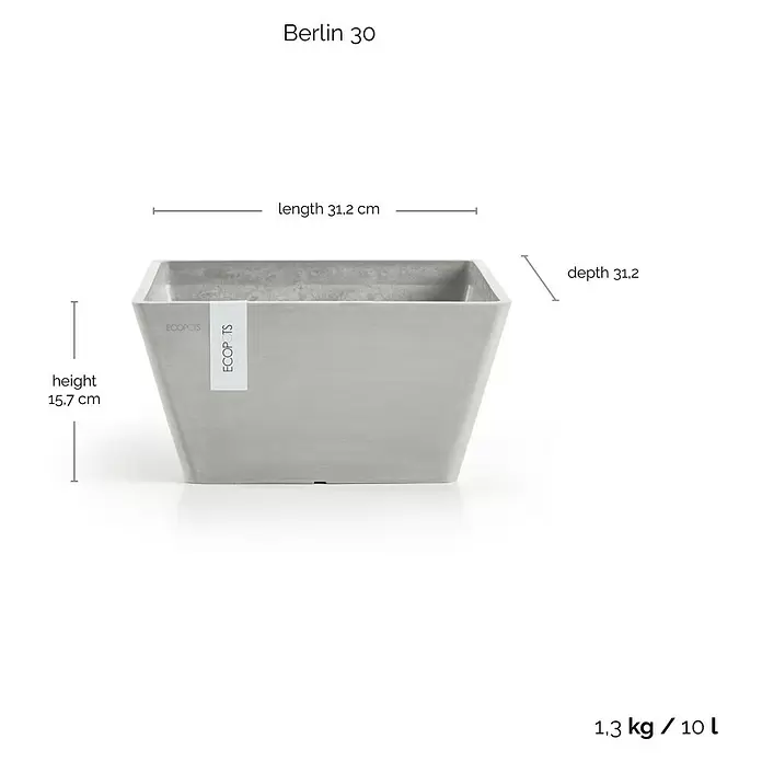 Ecopots Berlin Pflanzschale eckig - Außenmaß (L x B x H): 31,2 x 31,2 x 15,7 cm, Kunststoff, Weiß Grau - Hellgrauer quadratischer, konischer ECOPOTS Pflanzkübel, mit Maßen für Höhe, Länge und Tiefe.