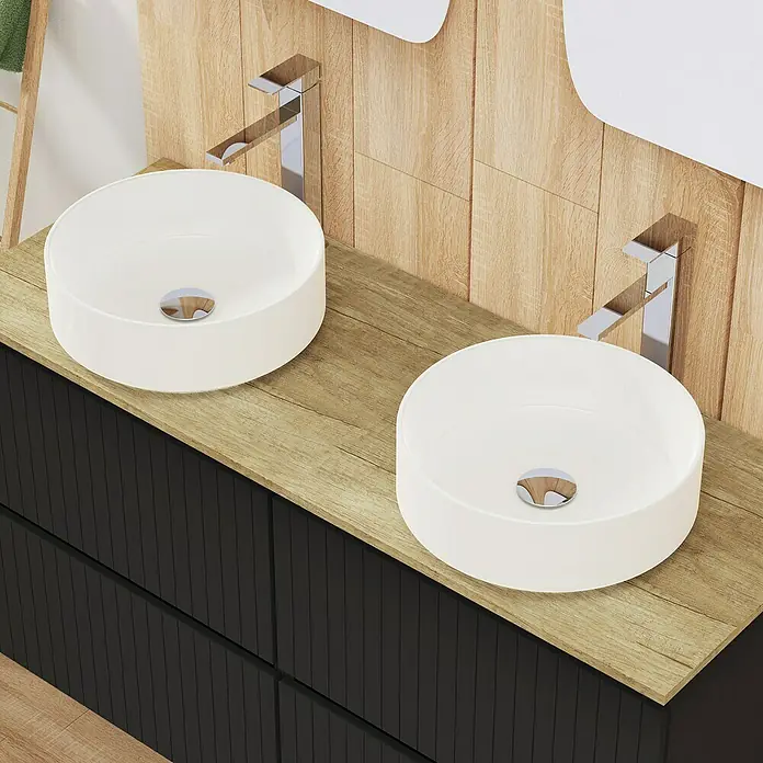 Artysan Conjunto de mueble de baño Yako 2C - Ancho: 120 cm, Negro, 3 pzs. - Baño moderno con dos lavabos sobre encimera redondos en un tocador de madera con elegantes grifos cromados.