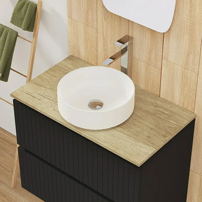 Artysan Conjunto de mueble de baño Yako 2C - Ancho: 80 cm, Negro, 3 pzs. - El lavabo redondo de cerámica con una tapa de madera y un tocador negro añade un toque moderno al baño.