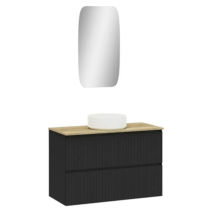 Artysan Conjunto de mueble de baño Yako 2C - Ancho: 100 cm, Negro, 3 pzs. - Elegante conjunto de baño con mueble de lavabo negro, encimera con aspecto de madera y espejo. Un lavabo elegante complementa el diseño.