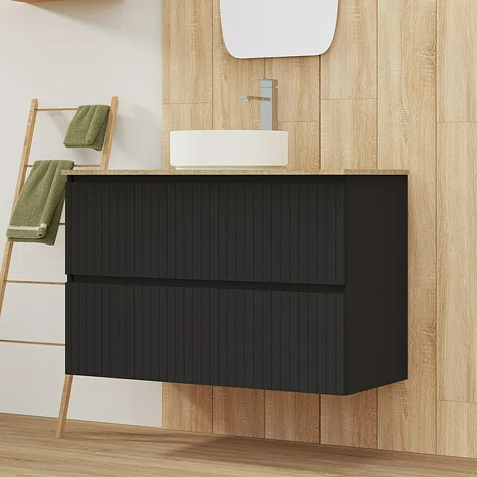 Artysan Conjunto de mueble de baño Yako 2C - Ancho: 100 cm, Negro, 3 pzs. - Elegante mueble de baño negro con dos cajones y lavabo sobre encimera, ideal para diseños de baño modernos.