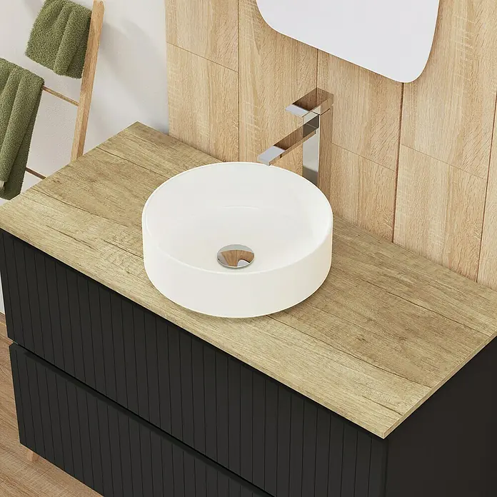 Artysan Conjunto de mueble de baño Yako 2C - Ancho: 100 cm, Negro, 3 pzs. - Un lavabo moderno con un grifo elegante sobre una encimera de madera con cajones negros.