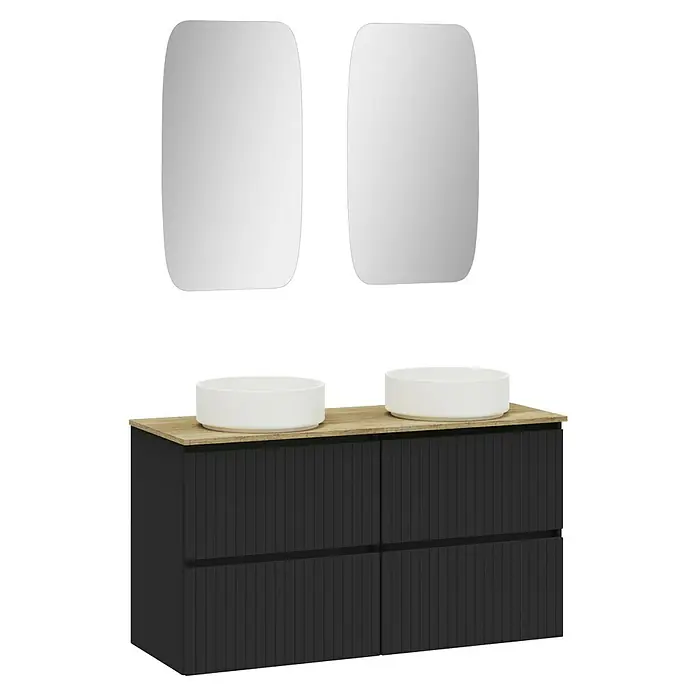 Artysan Conjunto de mueble de baño Yako 2C - Ancho: 120 cm, Negro, 3 pzs. - Un elegante mueble de baño con dos lavabos de encimera y espejos a juego, creando un diseño de baño moderno.