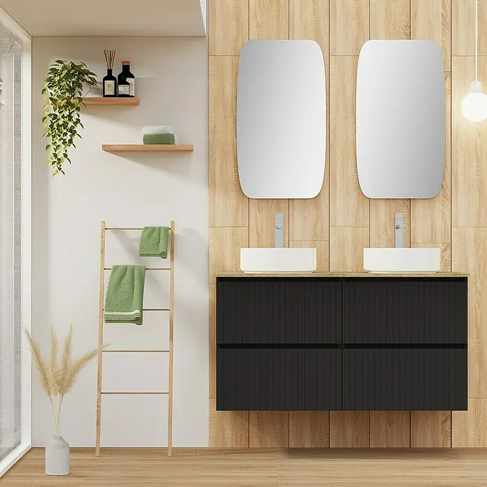 Artysan Conjunto de mueble de baño Yako 2C - Ancho: 120 cm, Negro, 3 pzs. - Baño moderno con lavabo doble, espejos y detalles en madera, creando un ambiente elegante y funcional.