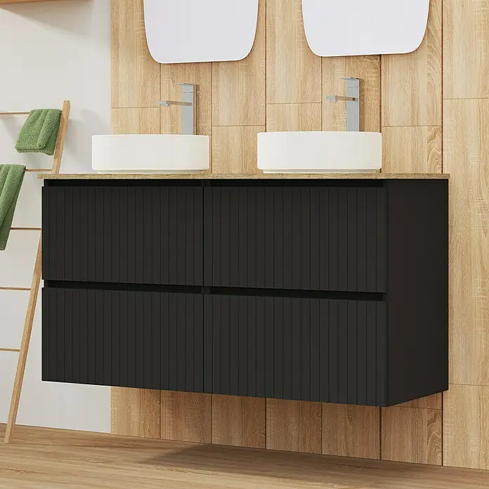Artysan Conjunto de mueble de baño Yako 2C - Ancho: 120 cm, Negro, 3 pzs. - Imagen de un baño moderno con mueble de lavabo negro, dos lavabos sobre encimera y una escalera toallero.