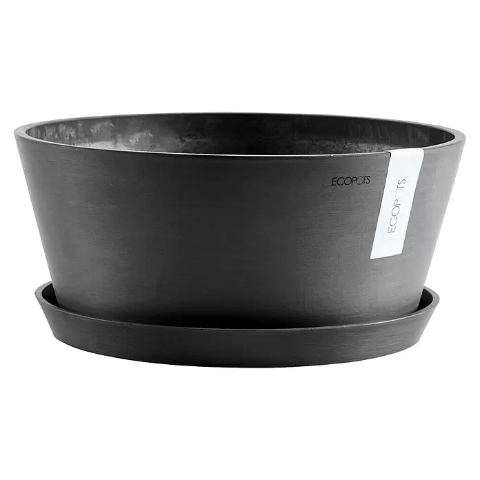 Ecopots Pflanzschale rund Frankfurt - Außenmaß (Ø x H): 50 x 25,7 cm, Kunststoff, Dunkelgrau - Dunkelgrauer ECOPOTS Blumentopf mit passendem Untersetzer.