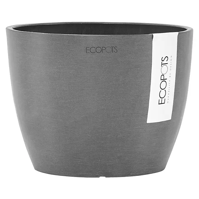 Ecopots Pflanztopf Stockholm - Außenmaß (Ø x H): 16,2 x 12 cm, Kunststoff, Grau - Grau melierter ECOPOTS Pflanztopf mit weißem Markenetikett.