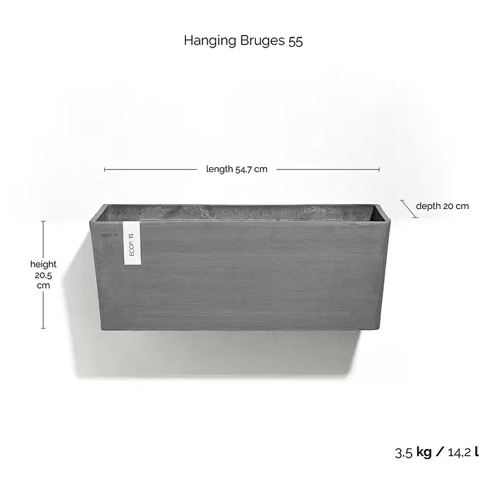 Ecopots Bruges Pflanzkasten - Außenmaß (L x B x H): 54,7 x 20 x 20,5 cm, Kunststoff, Grau - Graues rechteckiges Ecopots Hängegefäß in Betonoptik.