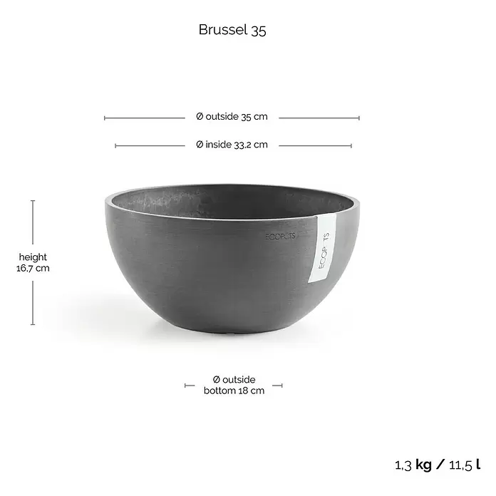 Ecopots Brussels Pflanzschale rund - Außenmaß (Ø x H): 35 x 16,7 cm, Kunststoff, Grau - Dunkelgrauer runder Blumentopf mit Maßen und Fassungsvermögen.