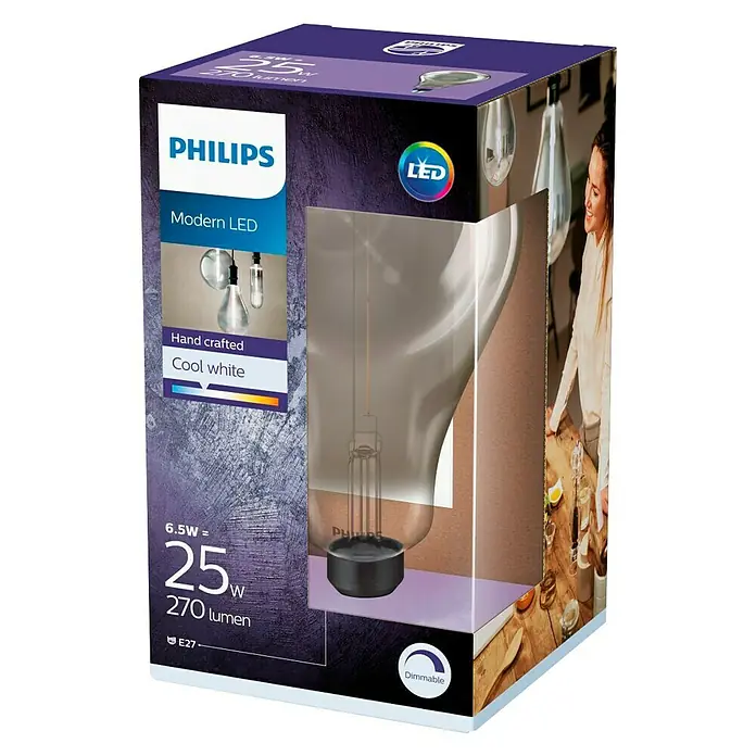 Philips Bombilla LED Modern Deco - E27, Intensidad regulable, Blanco neutro, 270 lm, 6,5 W - Primer plano del embalaje de una bombilla LED Modern de Philips, 6.5W, equivalente a 25W, que proporciona 270 lúmenes.