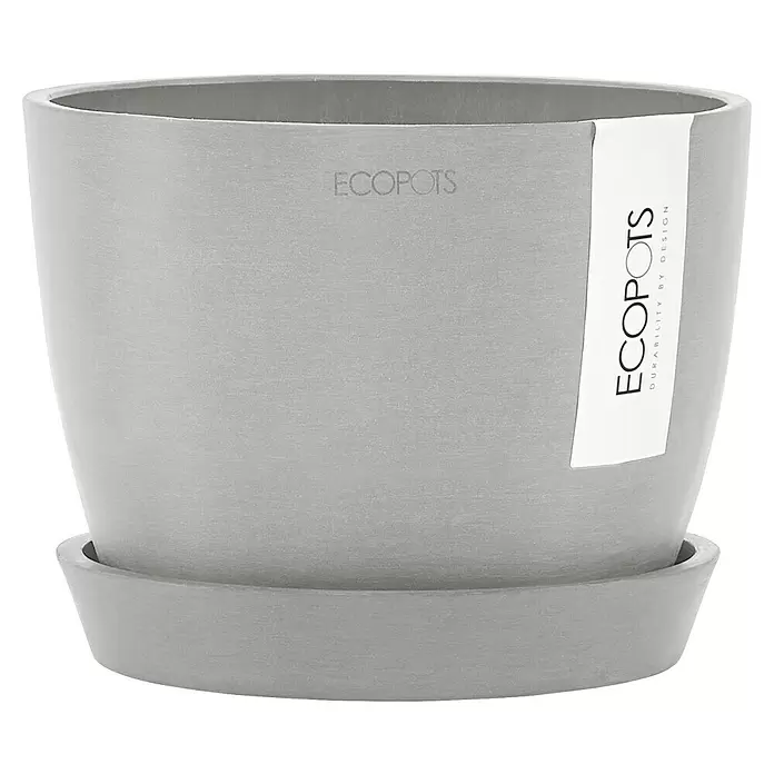 Ecopots Pflanztopf Stockholm - Außenmaß (Ø x H): 16,2 x 12 cm, Kunststoff, Weiß Grau - Hellgrauer ECOPOTS Pflanztopf mit passender Untertasse.