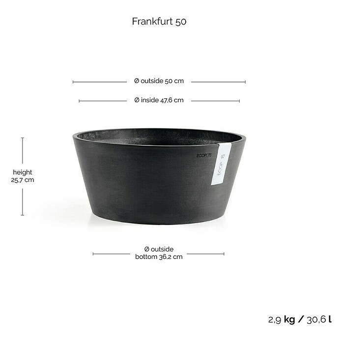 Ecopots Pflanzschale rund Frankfurt (Außenmaß (Ø x H): 50 x 25 cm, Kunststoff, Dunkelgrau) | BAUHAUS