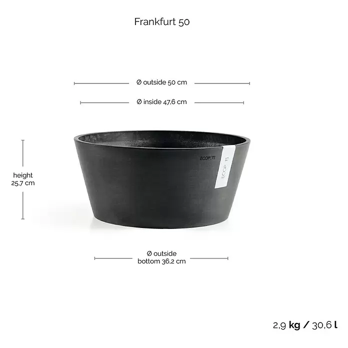 Ecopots Pflanzschale rund Frankfurt - Außenmaß (Ø x H): 50 x 25,7 cm, Kunststoff, Dunkelgrau - Dunkelgrauer konischer ECOPOTS Pflanzkübel.