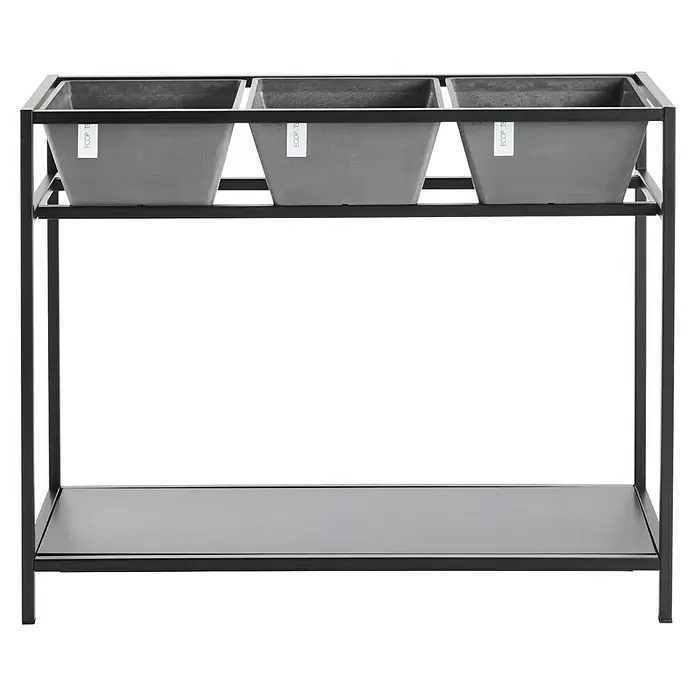 Ecopots Berlin Kräuterhochbeet - L x B x H: 101 x 36 x 80 cm, Grau - Schwarzes Metall-Pflanzregal mit drei grauen rechteckigen Pflanzgefäßen auf der oberen und einer leeren unteren Ablage.