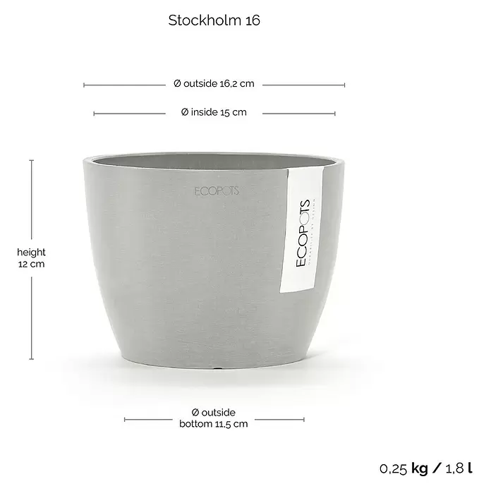 Ecopots Pflanztopf Stockholm - Außenmaß (Ø x H): 16,2 x 12 cm, Kunststoff, Weiß Grau - Heller grauer ECOPOTS Blumentopf mit angezeigten Maßen und Fassungsvermögen.