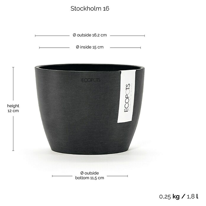 Ecopots Pflanztopf Stockholm (Außenmaß (Ø x H): 16 x 12,5 cm, Kunststoff, Dunkelgrau) | BAUHAUS