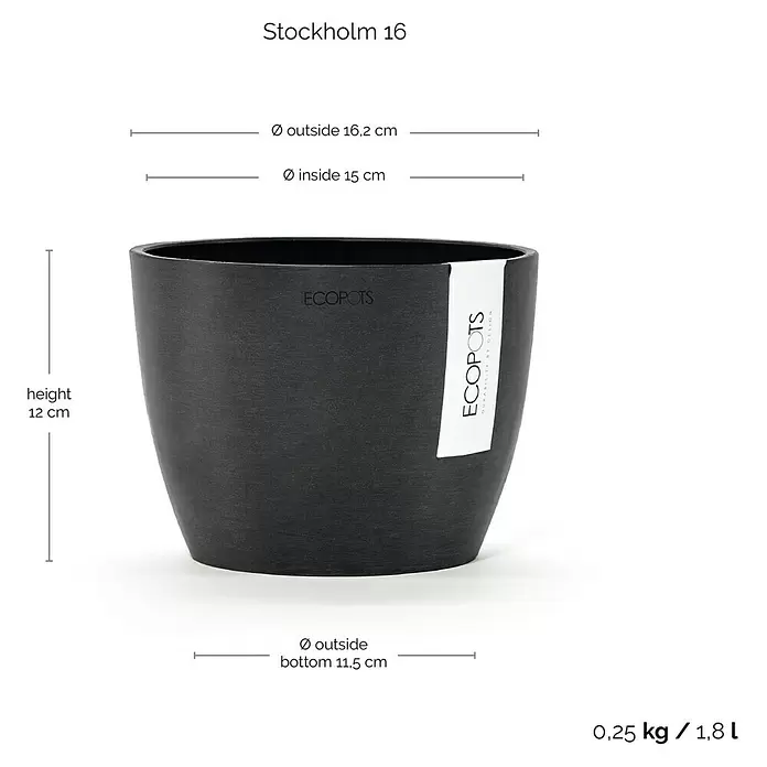 Ecopots Pflanztopf Stockholm - Außenmaß (Ø x H): 16,2 x 12 cm, Kunststoff, Dunkelgrau - ECOPOTS Stockholm 16 Pflanztopf, dunkelgrau, mit Maßen: 12 cm Höhe, 16,2 cm Oberdurchmesser und 1,8 L Volumen.