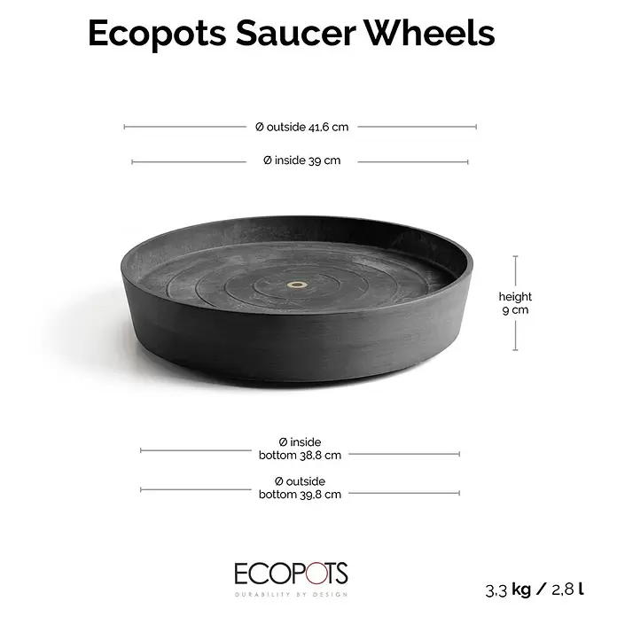 Ecopots Amsterdam Blumentopf-Untersetzer mit Rollen - Außenmaß (Ø x H): 41,6 x 9 cm, Kunststoff, Dunkelgrau - Runde, dunkelgraue Ecopots Roll-Untersetzer, Maße abgebildet. Zum einfachen Bewegen von Pflanztöpfen.