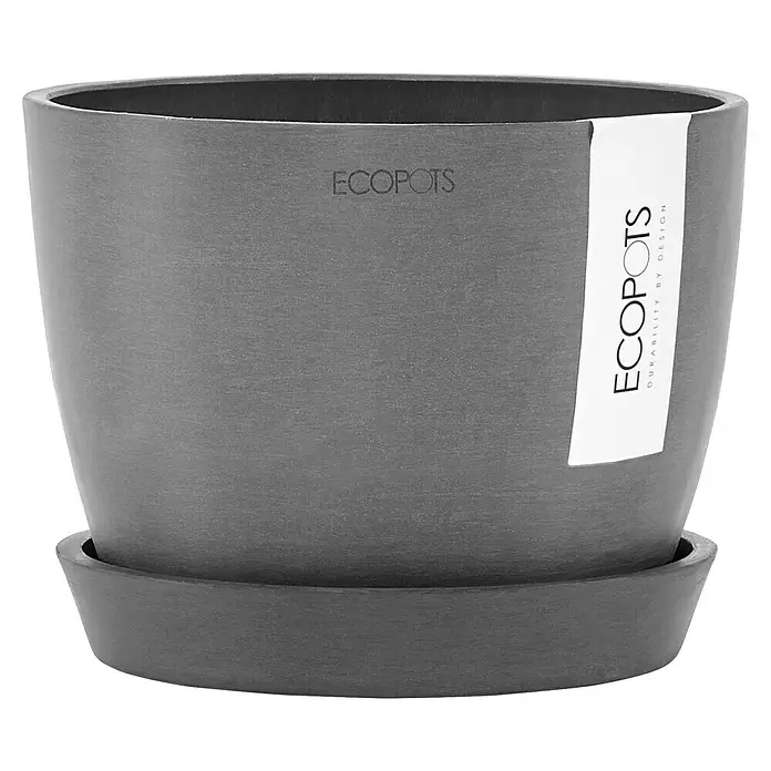 Ecopots Pflanztopf Stockholm - Außenmaß (Ø x H): 16,2 x 12 cm, Kunststoff, Grau - Dunkelgrauer ECOPOTS Pflanztopf mit passender Untertasse.