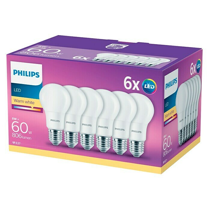 Philips Bombilla LED (6 uds., E27, 8 W, Color de luz: Blanco cálido, No regulable)