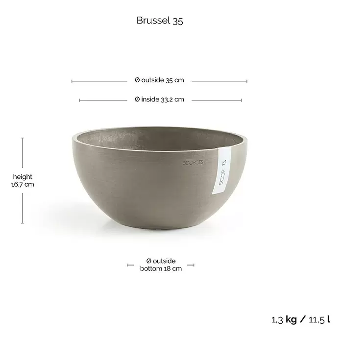 Ecopots Brussels Pflanzschale rund - Außenmaß (Ø x H): 35 x 16,7 cm, Kunststoff, Braungrau - Ein hellgrauer, schalenförmiger ECOPOTS Brussel 35 Blumentopf mit angegebenen Maßen für Höhe, Durchmesser, Gewicht und Volumen.