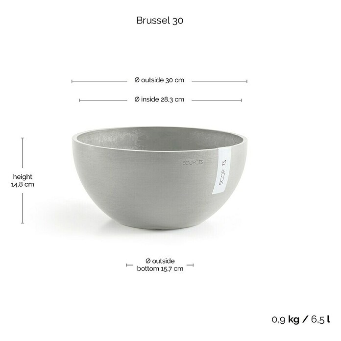 Ecopots Brussels Pflanzschale rund (Außenmaß (Ø x H): 30 x 14,8 cm, Kunststoff, Weiß Grau) | BAUHAUS