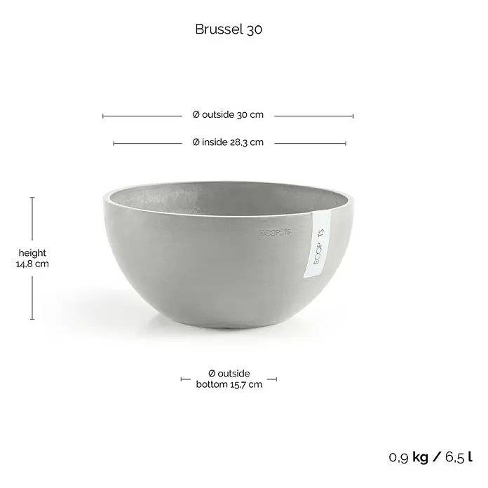 Ecopots Brussels Pflanzschale rund - Außenmaß (Ø x H): 30 x 14,8 cm, Kunststoff, Weiß Grau - Hellgrauer, schalenförmiger ECOPOTS Pflanztopf mit Maßen.