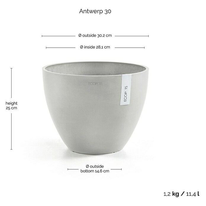 Ecopots Pflanztopf Antwerpen (Außenmaß (Ø x H): 30 x 25,5 cm, Kunststoff, Weiß Grau) | BAUHAUS