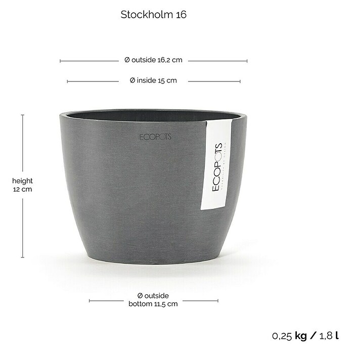 Ecopots Pflanztopf Stockholm (Außenmaß (Ø x H): 16 x 12,5 cm, Kunststoff, Grau) | BAUHAUS