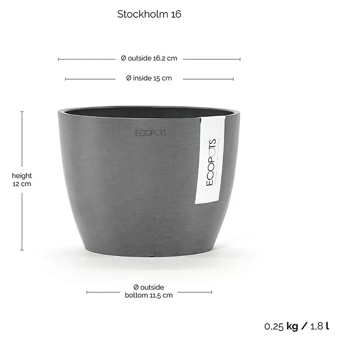Ecopots Pflanztopf Stockholm - Außenmaß (Ø x H): 16,2 x 12 cm, Kunststoff, Grau - Grauer Ecopots Stockholm 16 Pflanztopf mit Maßen und 1,8 L Fassungsvermögen.