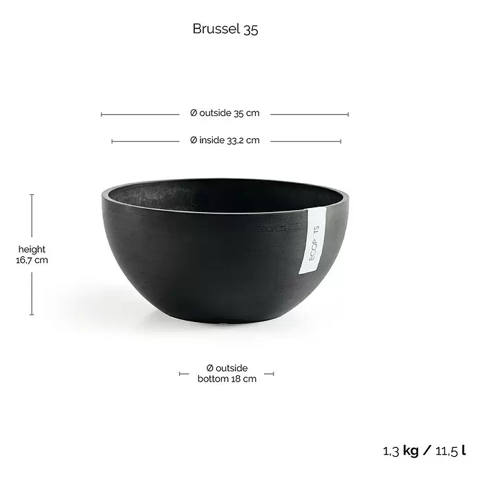 Ecopots Brussels Pflanzschale rund - Außenmaß (Ø x H): 35 x 16,7 cm, Kunststoff, Dunkelgrau - Dunkelgrauer, schalenförmiger Ecopots Blumentopf mit texturierter Oberfläche, Maße und Kapazität angegeben.