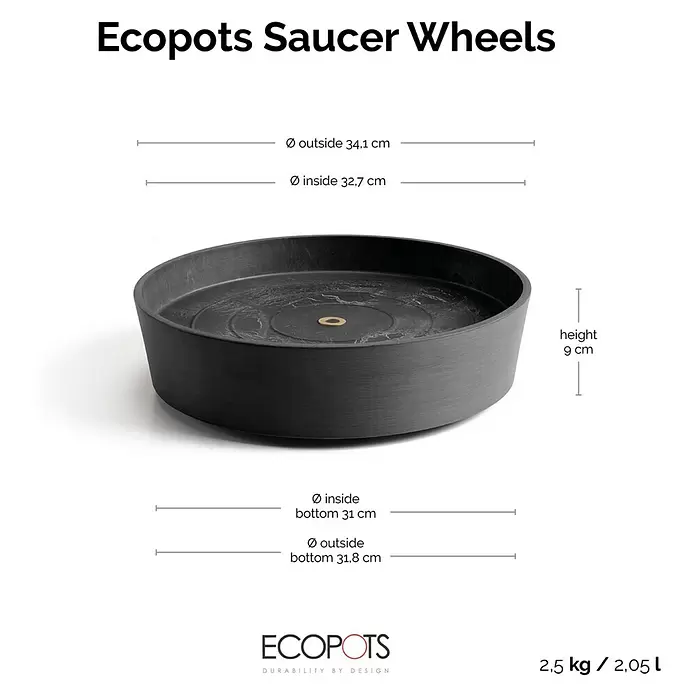 Ecopots Amsterdam Blumentopf-Untersetzer mit Rollen - Außenmaß (Ø x H): 34,1 x 9 cm, Kunststoff, Dunkelgrau - Dunkelgrauer Ecopots Untersetzer mit Rollen, Maße und Gewicht werden angezeigt.