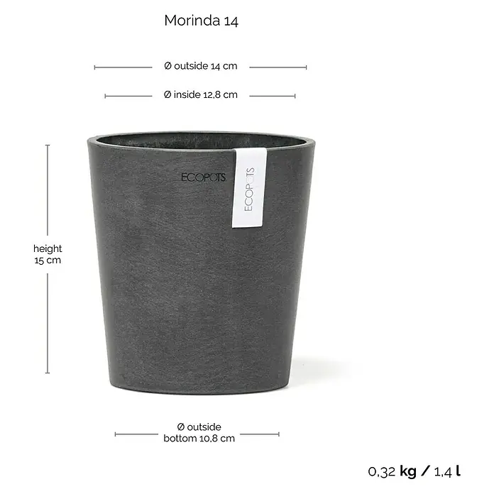 Ecopots Orchideentopf Morinda - Außenmaß (Ø x H): 14 x 15 cm, Kunststoff, Dunkelgrau - Abbildung eines grauen Morinda 14 Blumentopfes von Ecopots mit Größenangaben für Höhe, Durchmesser oben und unten.