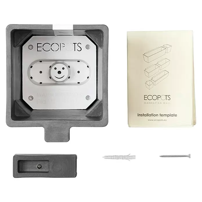 Ecopots Pflanzkasten Manhatten - Außenmaß (L x B x H): 15 x 17,2 x 15 cm, Kunststoff, Grau, S - Ein graues ECOPOTS Manhattan Wall Pflanzsystem mit weißem Selbstbewässerungseinsatz und Smiley. Inkl. Anleitung, Halterung, Dübel, Schraube.