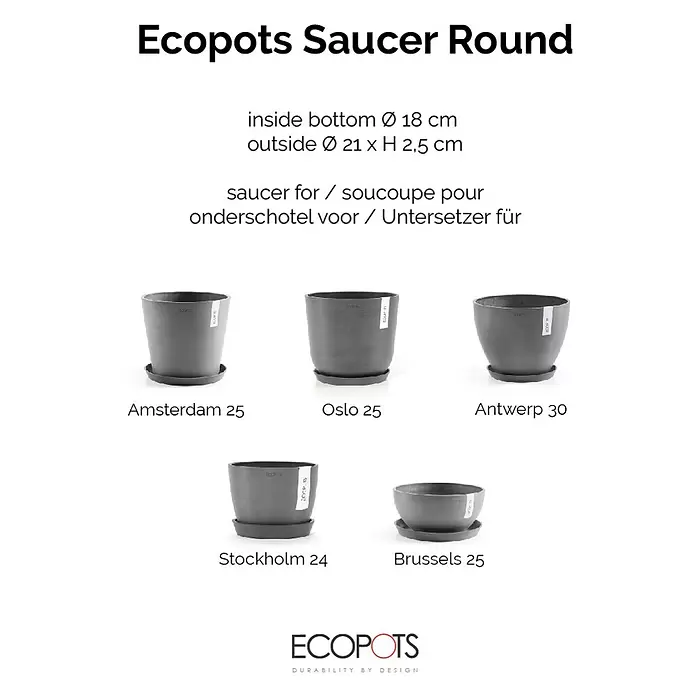 Ecopots Amsterdam Blumentopf-Untersetzer - Außenmaß (Ø x H): 19,5 x 2,5 cm, Kunststoff, Grau - Graue, runde Ecopots Untertasse (Ø 18 cm innen, Ø 21 cm außen) für Pflanzgefäße, abgebildet mit passenden Töpfen.