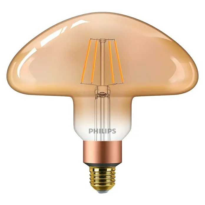 Philips Bombilla LED Vintage Gold - E27, Intensidad regulable, Ámbar, 350 lm, 5 W, Otros - Primer plano de una bombilla LED de filamento Philips en forma de hongo, con vidrio ámbar cálido y base color cobre.