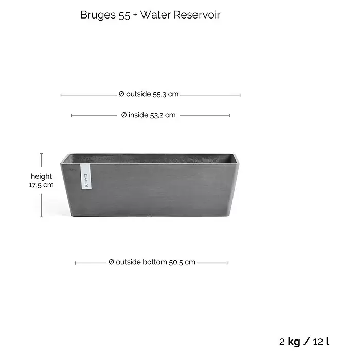 Ecopots Bruges Pflanzkasten mit Wasserreservoir - Außenmaß (L x B x H): 55,3 x 16,5 x 17,5 cm, Kunststoff, Grau - Grauer, rechteckiger Pflanzkübel "Bruges 55" mit Wasserspeicher und detaillierten Maßen.