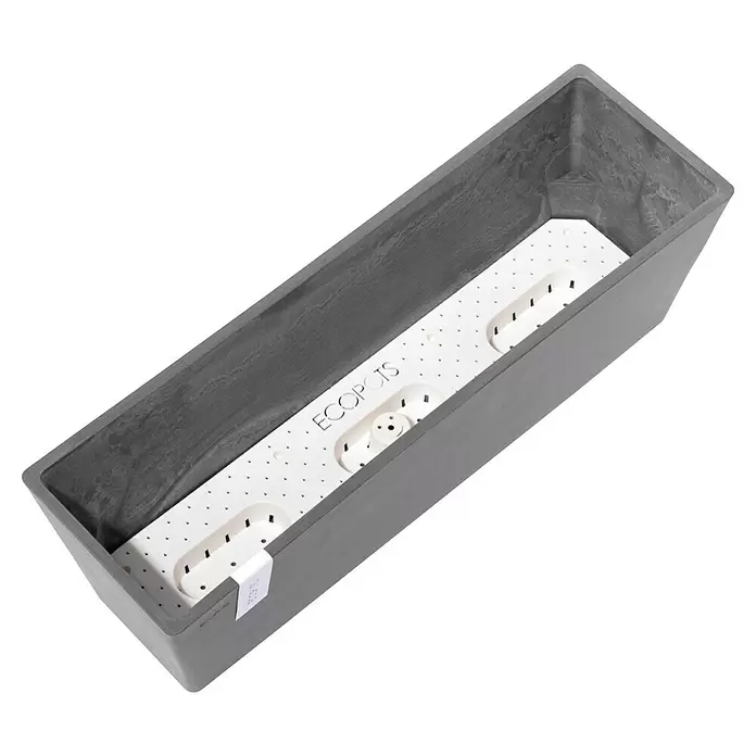 Ecopots Bruges Pflanzkasten mit Wasserreservoir - Außenmaß (L x B x H): 55,3 x 16,5 x 17,5 cm, Kunststoff, Grau - Grauer rechteckiger Pflanzkasten mit weißem Selbstbewässerungseinsatz, "ECOPOTS"-Schriftzug.