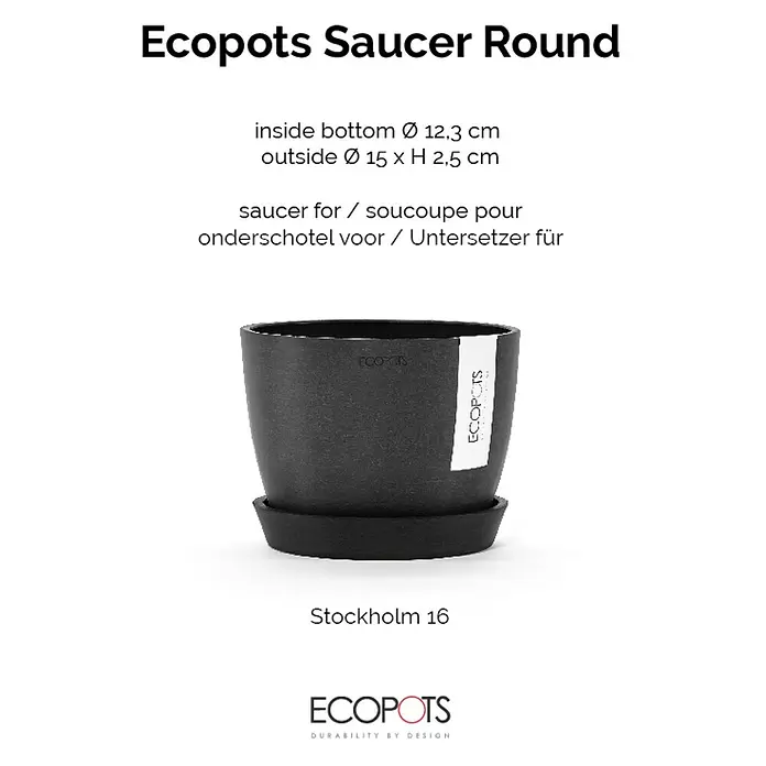 Ecopots Amsterdam Blumentopf-Untersetzer - Außenmaß (Ø x H): 15 x 2,5 cm, Kunststoff, Dunkelgrau - Ein runder, schwarzer Ecopots Pflanzuntersetzer mit passendem Topf, mit strukturierter Oberfläche.