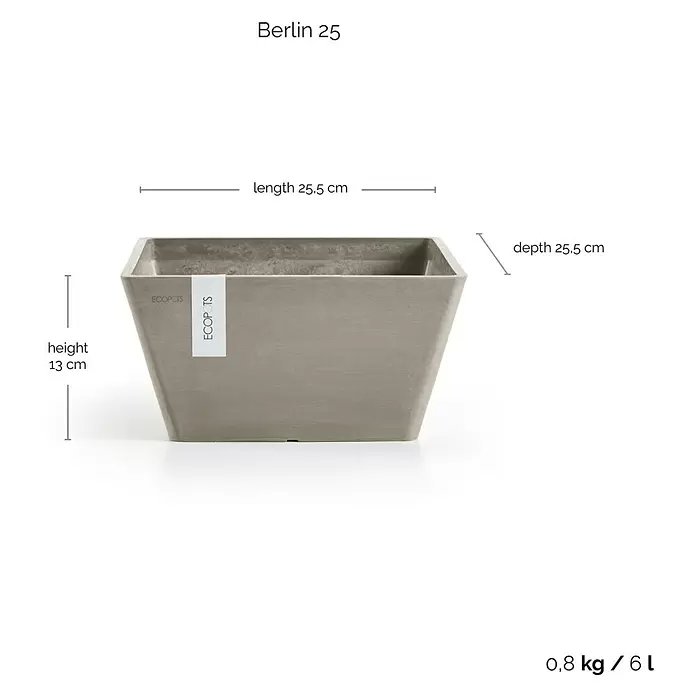Ecopots Berlin Pflanzschale eckig - Außenmaß (L x B x H): 25,5 x 25,5 x 13 cm, Kunststoff, Braungrau - Heller, quadratischer ECOPOTS Pflanztopf (25,5x25,5x13 cm) mit 6L Volumen.