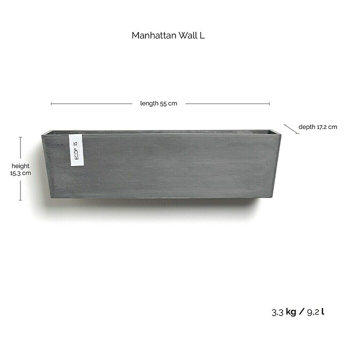 Ecopots Pflanzkasten Manhatten (Außenmaß (L x B x H): 55 x 17,2 x 15 cm, Kunststoff, Grau, L) | BAUHAUS