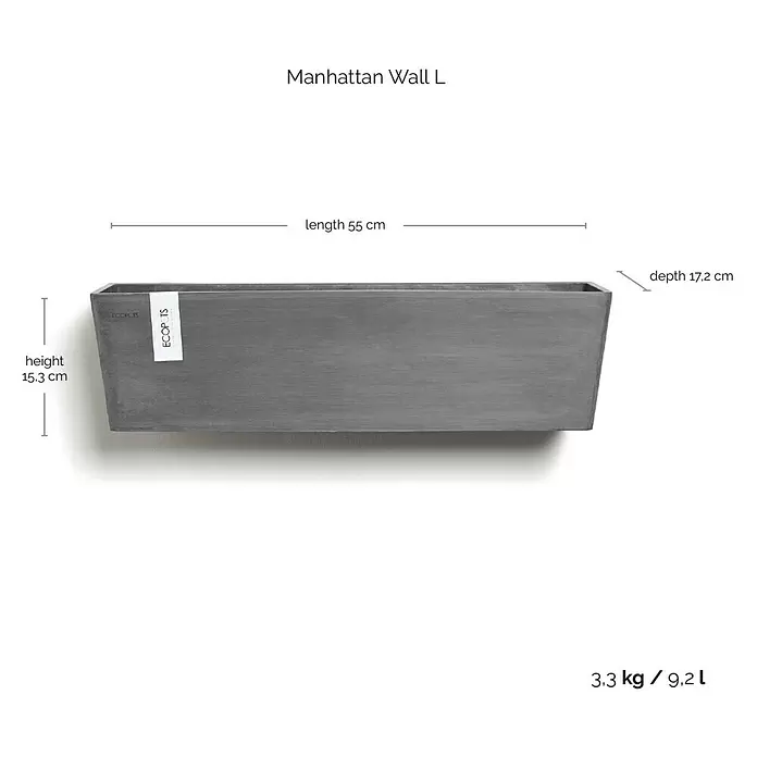 Ecopots Pflanzkasten Manhatten - Außenmaß (L x B x H): 55 x 17,2 x 15,3 cm, Kunststoff, Grau, L - Graues rechteckiges Wandgefäß "Manhattan Wall L" (L 55 cm, H 15.3 cm, T 17.2 cm, 3.3 kg, 9.2 L).