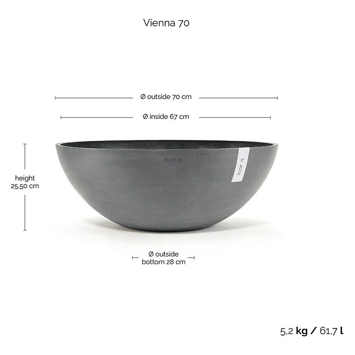 Ecopots Pflanzschale Vienna (Außenmaß (Ø x H): 70 x 25,2 cm, Grau) | BAUHAUS